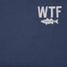 Close-up of Where's the Fish LITE Tee – Life is Good men's navy t-shirt with WTF slogan and white fish illustration
