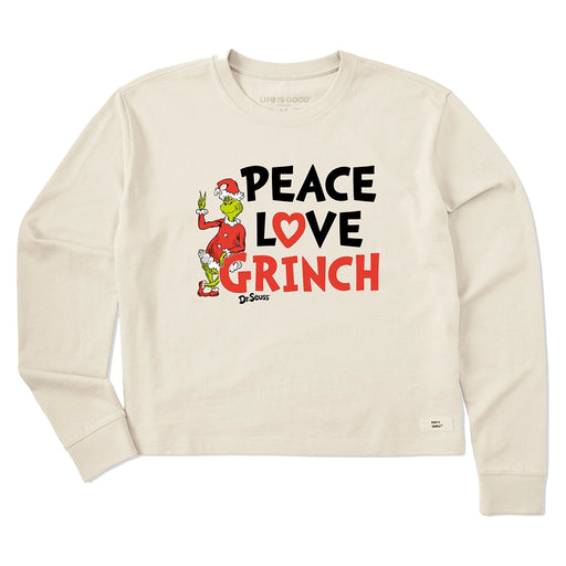 Front view of Life is Good Peace Love Grinch long sleeve tee featuring festive Grinch graphic.