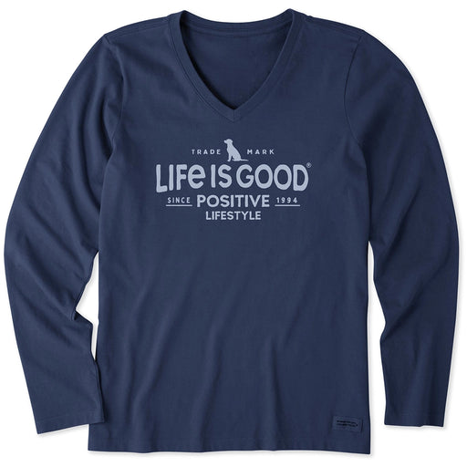 Life Is Good Positive Lifestyle Long Sleeve V-Neck Tee – navy women’s shirt with classic logo and dog graphic.