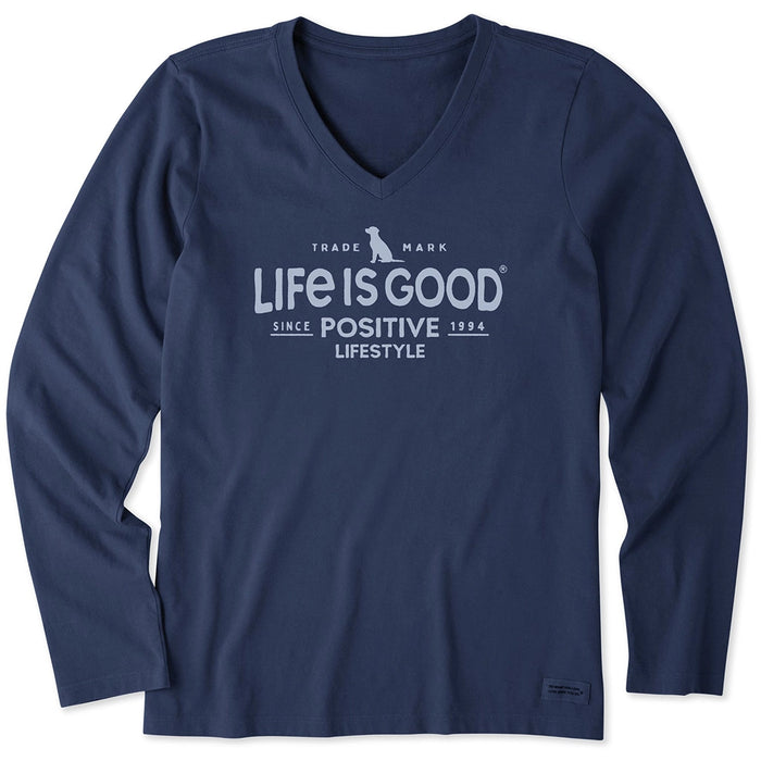 Life Is Good Positive Lifestyle Long Sleeve V-Neck Tee – navy women’s shirt with classic logo and dog graphic.