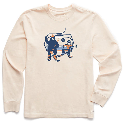 Life Is Good Ski Lift Long Sleeve Tee – cream-colored men’s shirt with bear and skier on a ski lift graphic.