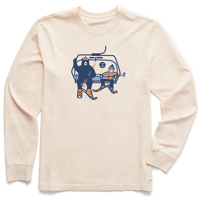 Life Is Good Ski Lift Long Sleeve Tee – cream-colored men’s shirt with bear and skier on a ski lift graphic.