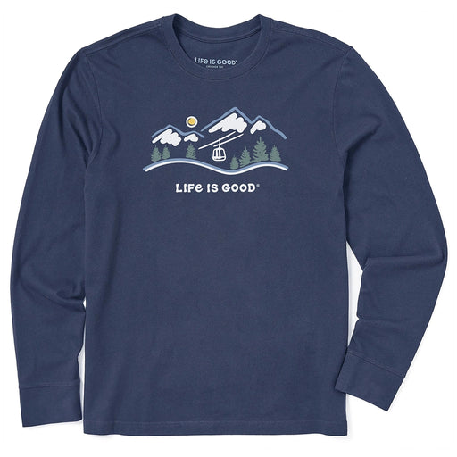 Life Is Good Ski Lift Vista Long Sleeve Tee – navy men’s shirt with mountain and ski lift graphic.