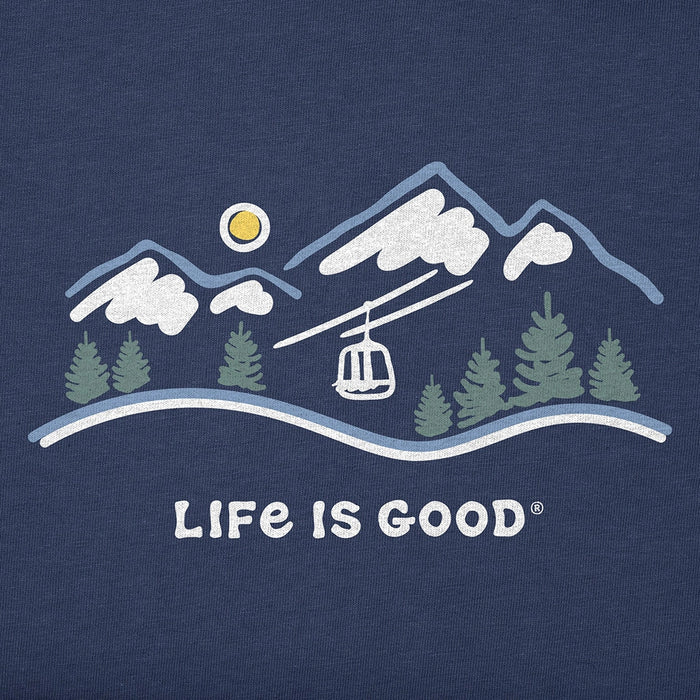 Close-up of Life Is Good Ski Lift Vista design featuring snowy mountains, ski lift, and pine trees.