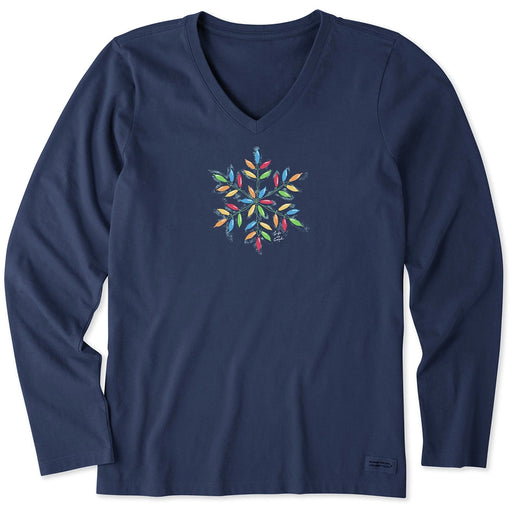Life Is Good Snowflake Lights V-neck Long Sleeve Tee – full view of navy women’s shirt with colorful snowflake light design.