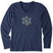 Life Is Good Snowflake Lights V-neck Long Sleeve Tee – full view of navy women’s shirt with colorful snowflake light design.