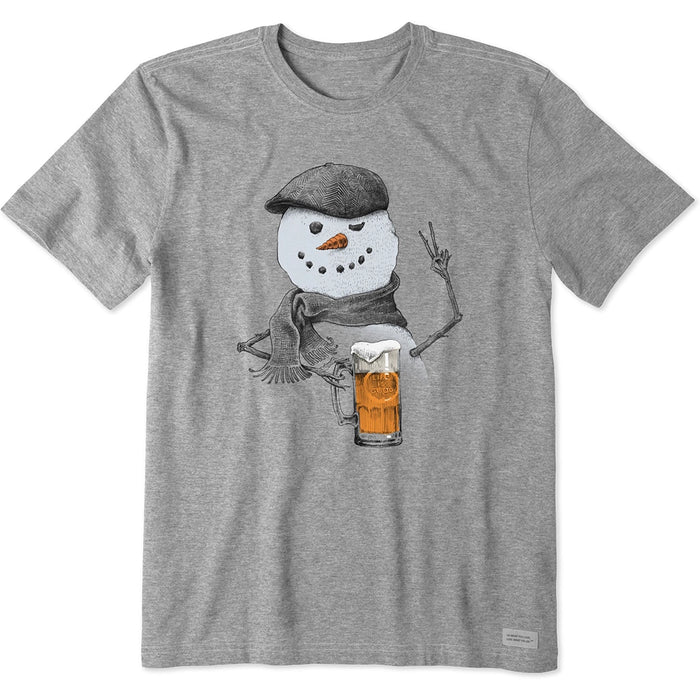 Life Is Good Snowman with Beer T-Shirt – front view of gray men’s tee featuring a snowman holding a beer mug and flashing a peace sign.
