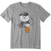 Life Is Good Snowman with Beer T-Shirt – front view of gray men’s tee featuring a snowman holding a beer mug and flashing a peace sign.