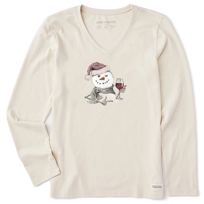Life Is Good Snowman with Red Wine Long Sleeve V-neck Tee – women’s cream shirt featuring snowman in Santa hat holding a glass of red wine.