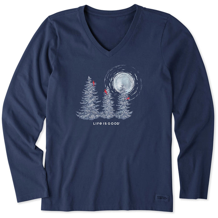 Life Is Good Snowy Pines with Cardinals V-Neck Long Sleeve Tee – navy women’s shirt with pine trees, cardinals, and full moon.