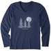 Life Is Good Snowy Pines with Cardinals V-Neck Long Sleeve Tee – navy women’s shirt with pine trees, cardinals, and full moon.