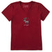 Life Is Good Snowy Reindeer V-Neck Tee – red women’s shirt with festive reindeer and snowflake design.