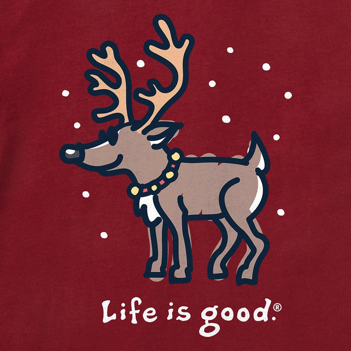 Close-up of Life Is Good Snowy Reindeer graphic with reindeer illustration and snowflakes on red fabric.