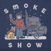 Close-up of Life Is Good Smoke Show graphic featuring Jake, Rocket, and smoker grill in snowy scene.
