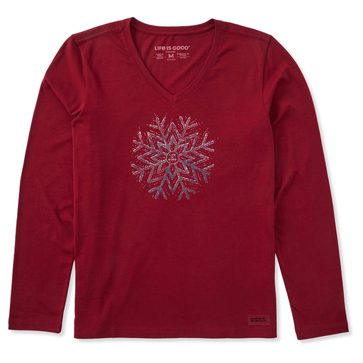 Life Is Good Sparkle Snowflake Long Sleeve V-Neck Tee – red women’s shirt with shimmering snowflake design