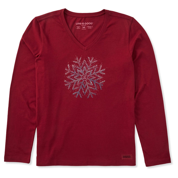 Life Is Good Sparkle Snowflake Long Sleeve V-Neck Tee – red women’s shirt with shimmering snowflake design
