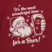 Close-up of Life Is Good Santa beer graphic with text ‘It’s the most wonderful time for a beer!’ on red long sleeve shirt.