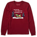 Life Is Good Wagging Wonderland Long Sleeve Tee – red women's shirt with yellow dog in snowy winter scene.