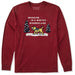 Life Is Good Wagging Wonderland Long Sleeve Tee – red men’s shirt with yellow dog in snowy winter scene.