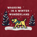 Close-up of Life Is Good Wagging in a Winter Wonderland design featuring yellow dog, snow, and pine trees.