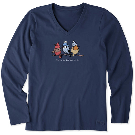 Life Is Good Winter for the Birds Long Sleeve V-Neck Tee – navy women’s shirt with three colorful winter birds wearing hats.