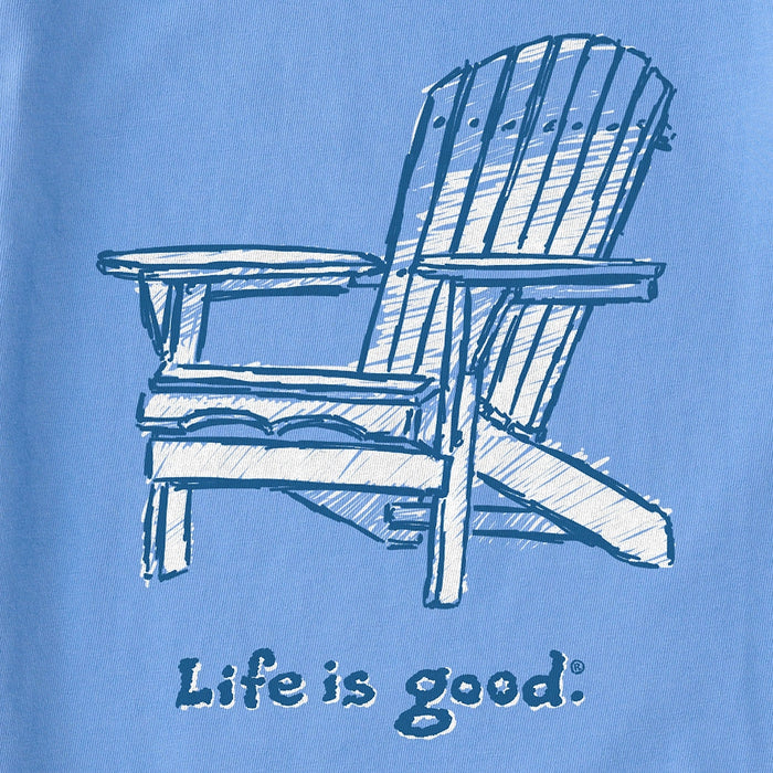 Close-up of Adirondack chair design on Life Is Good women’s short sleeve Crusher tee