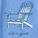 Close-up of Adirondack chair design on Life Is Good women’s short sleeve Crusher tee