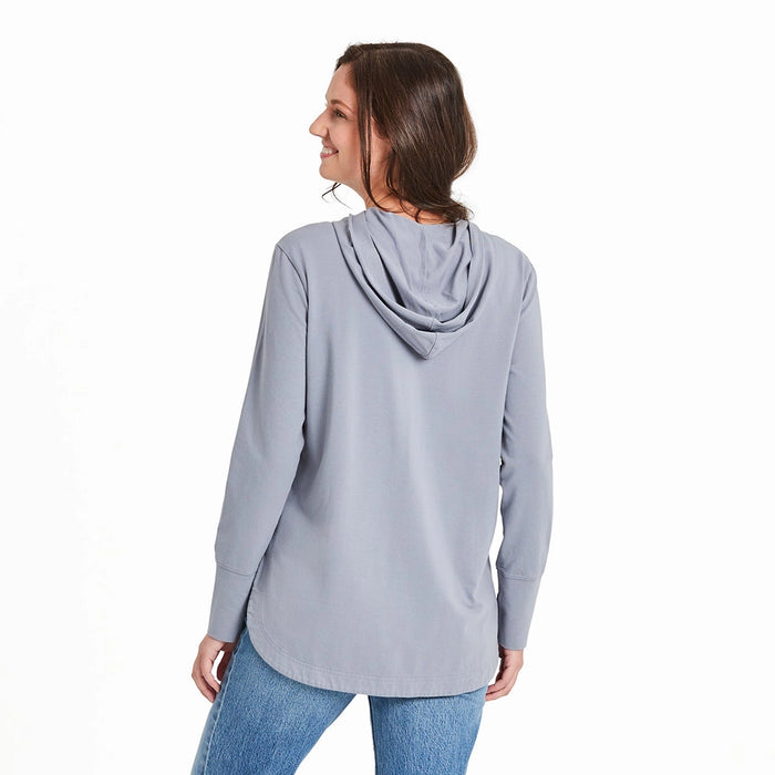 Back view of the light blue-gray Life is Good hoodie, showing the relaxed hood and curved hemline.