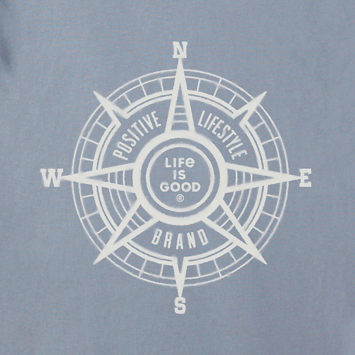 Close-up of the Life is Good hoodie’s white compass graphic with the words “Positive Lifestyle Brand” and “Life is Good” in the center.