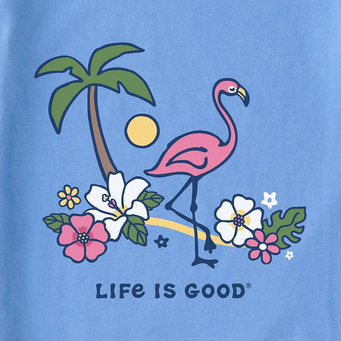 Close-up of Life is Good Women’s Flamingo Beach Crusher Vee design featuring pink flamingo, palm tree, flowers, and sunshine