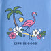 Close-up of Life is Good Women’s Flamingo Beach Crusher Vee design featuring pink flamingo, palm tree, flowers, and sunshine