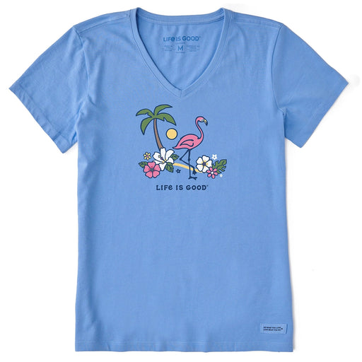 Life is Good Women’s Flamingo Beach Crusher Vee in cornflower blue with tropical flamingo, palm tree, and hibiscus flower graphic.
