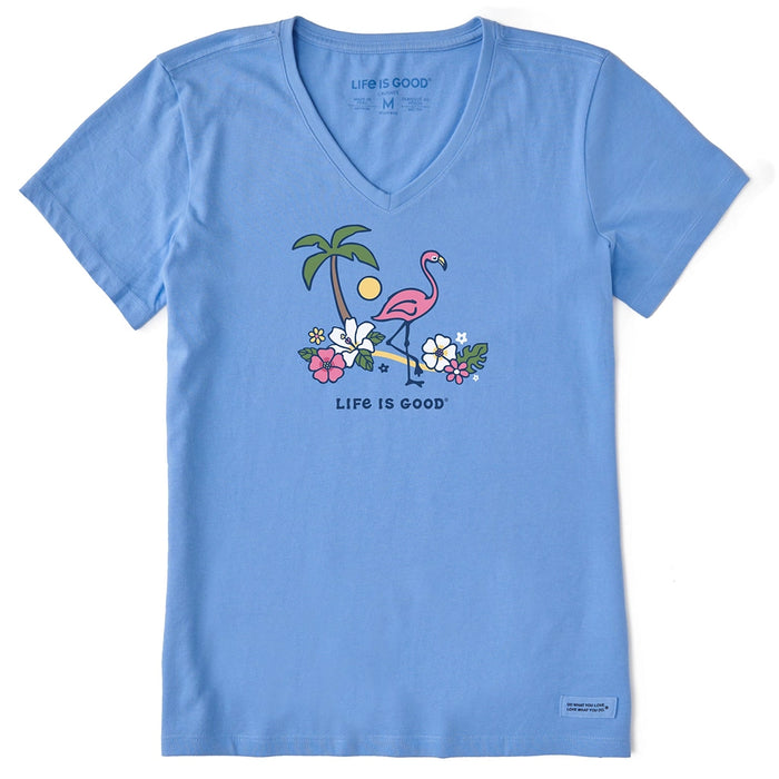 Life is Good Women’s Flamingo Beach Crusher Vee in cornflower blue with tropical flamingo, palm tree, and hibiscus flower graphic.