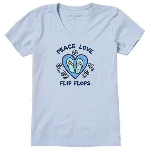 Light blue Life Is Good women’s V-neck Crusher Tee with “Peace Love Flip Flops” graphic and daisy flowers