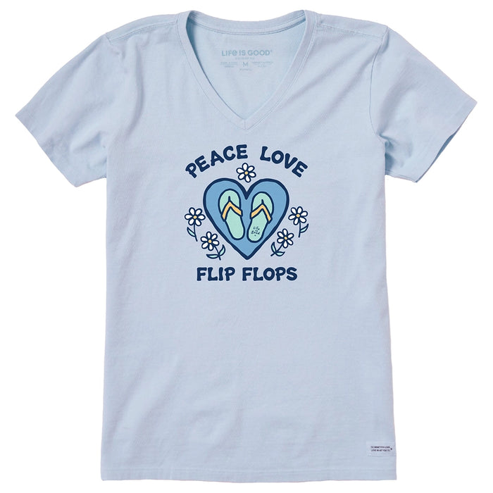 Light blue Life Is Good women’s V-neck Crusher Tee with “Peace Love Flip Flops” graphic and daisy flowers