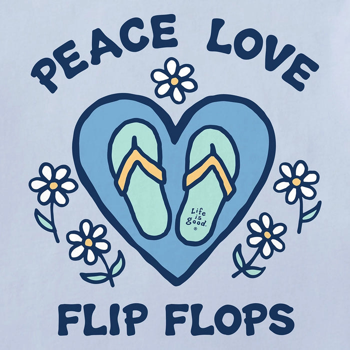 Close-up of Life Is Good “Peace Love Flip Flops” graphic with blue heart, mint green flip flops, and white daisies