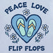Close-up of Life Is Good “Peace Love Flip Flops” graphic with blue heart, mint green flip flops, and white daisies