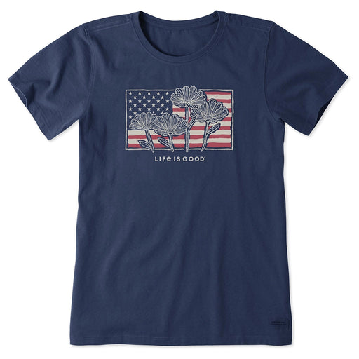 Life is Good Women’s Flower Flag Tee in navy with American flag and floral graphic design.