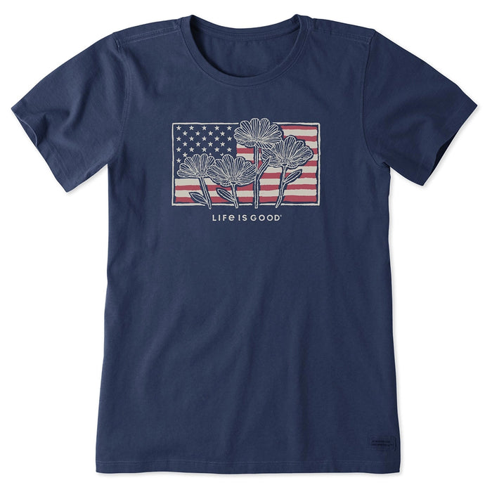 Life is Good Women’s Flower Flag Tee in navy with American flag and floral graphic design.