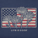 Close-up of Life is Good Women’s Flower Flag Tee design featuring flowers over American flag.