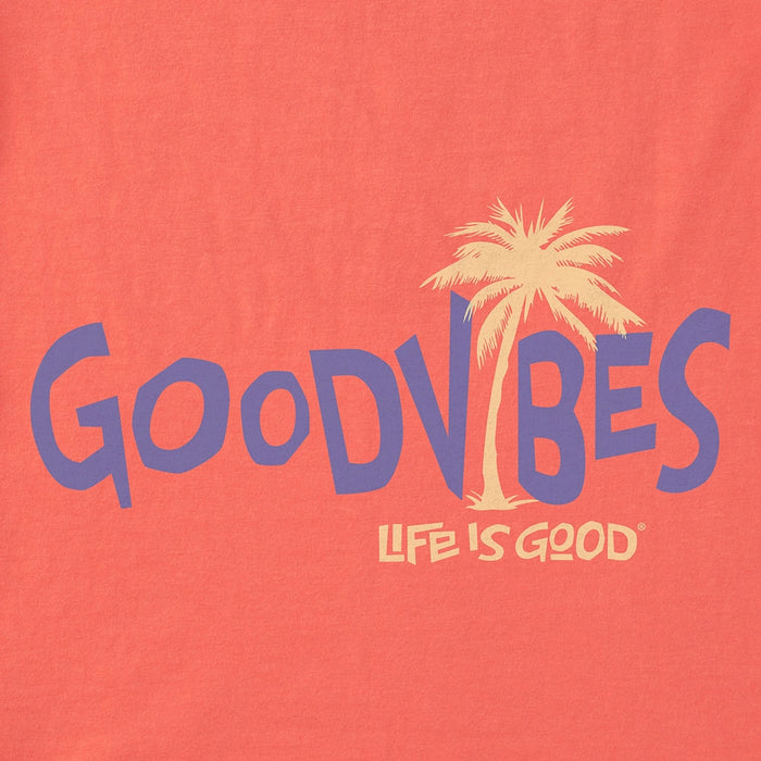Close-up of Adirondack chair design on Life Is Good women’s short sleeve Crusher tee