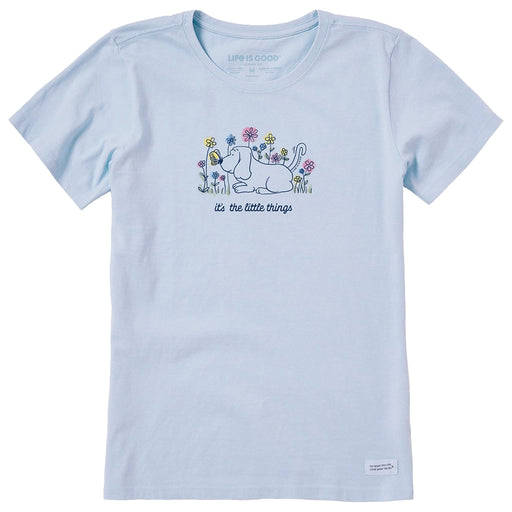 Life is Good Women’s Little Things Crusher Tee in light blue with dog, butterfly, and flower graphic.
