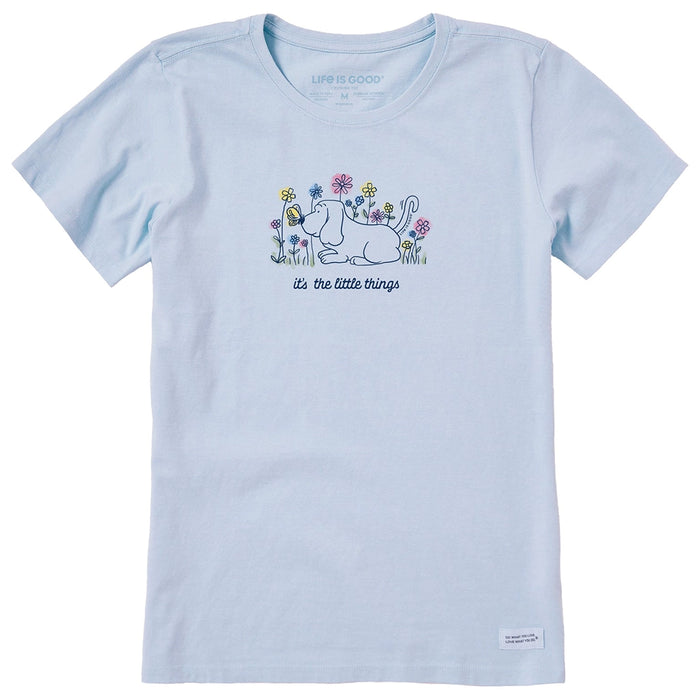Life is Good Women’s Little Things Crusher Tee in light blue with dog, butterfly, and flower graphic.