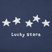 Close-up of distressed red, white, and blue star graphics with the Life Is Good logo on a blue cotton background.