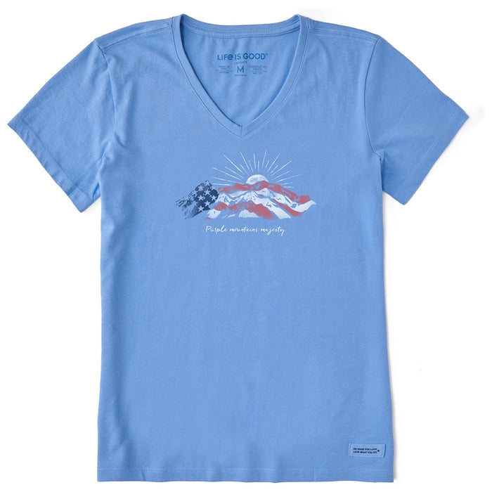 Life Is Good Women’s Majesty Crusher Tee in light blue with Purple Mountains Majesty and American flag graphic, short sleeve V-neck.