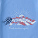 Close-up of Purple Mountains Majesty and American flag design on Life Is Good Women’s Majesty Crusher Tee in light blue.