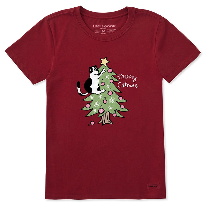 Life Is Good Merry Catmas Tee – red women’s shirt featuring black and white cat climbing a Christmas tree with ‘Merry Catmas’ text.