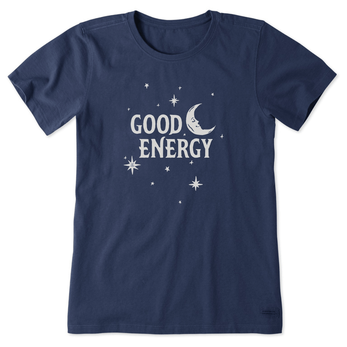 Life Is Good Women's Crusher Tee in navy blue featuring 'Good Energy' text with moon and stars graphic on front