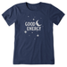 Life Is Good Women's Crusher Tee in navy blue featuring 'Good Energy' text with moon and stars graphic on front