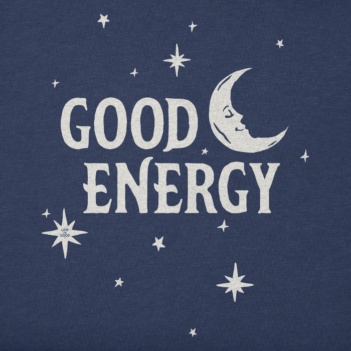 close-up view Life Is Good Women's Crusher Tee in navy blue featuring 'Good Energy' text with moon and stars graphic on front